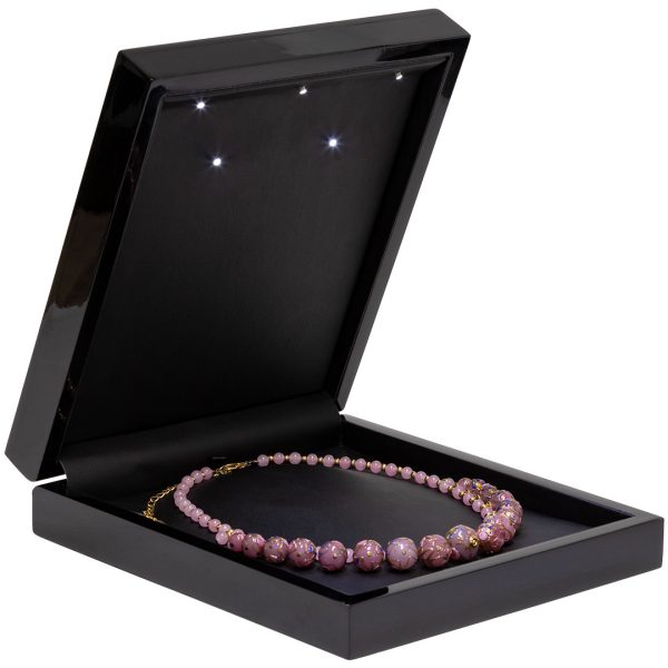BWLEDN BBB large black lacquered wood necklace box with in built LED lighting filled glass beads black black black jpg
